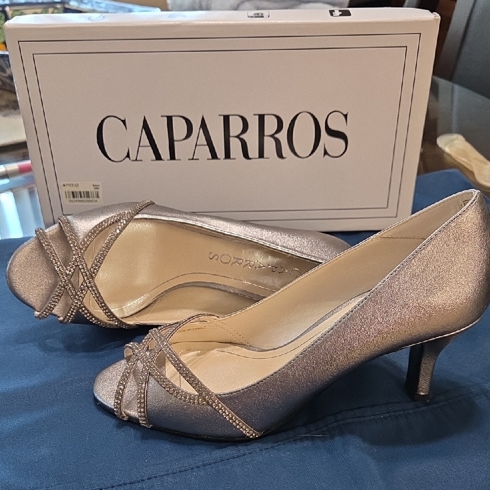 Caparros Silver Peep-Toe Heels with Bow Detail